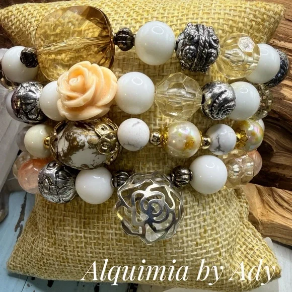 Milky Jade Bracelet — Marbled Focal Stone — Gold Accents - Picture 2 of 2